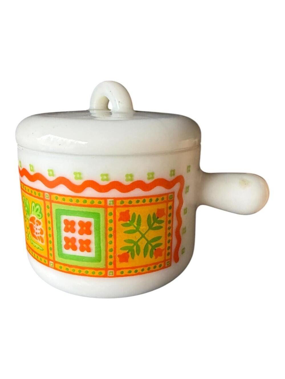 Vintage Avon Patchwork Print Milk Glass Mug Cup w/Handle and Lid
